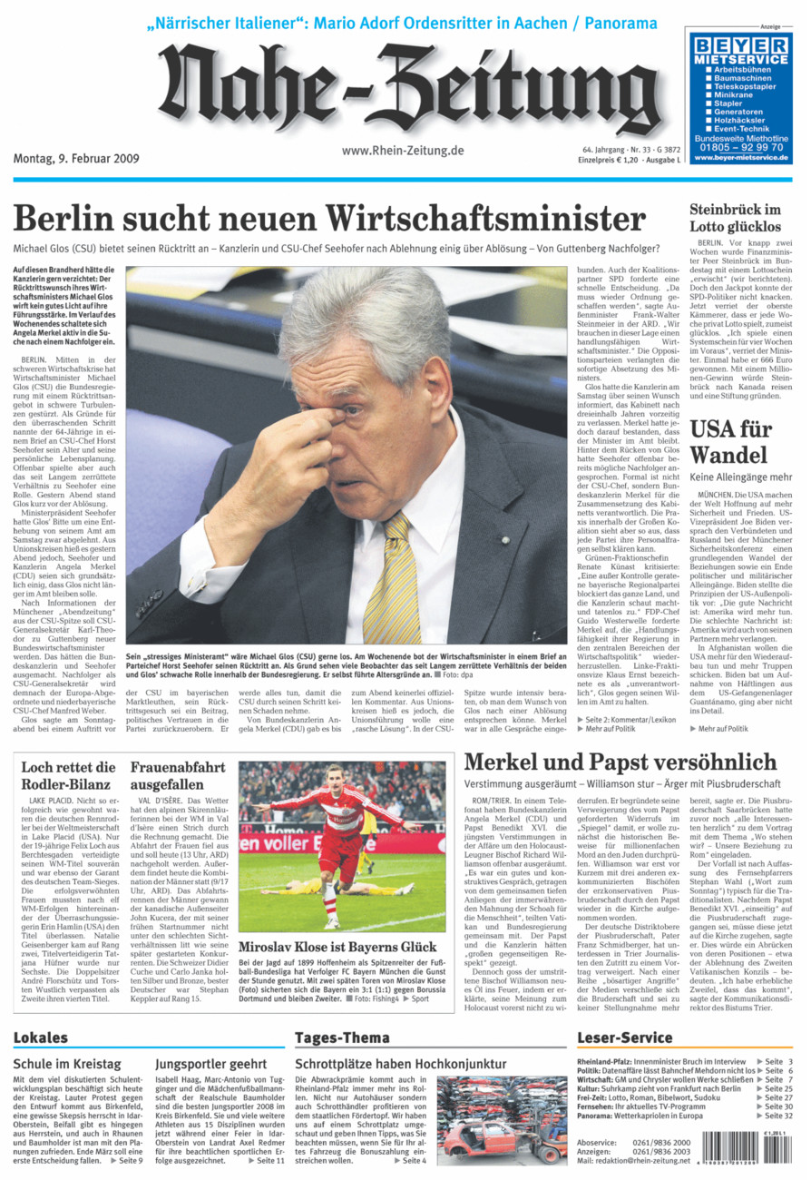 Nahe-Zeitung vom Montag, 09.02.2009