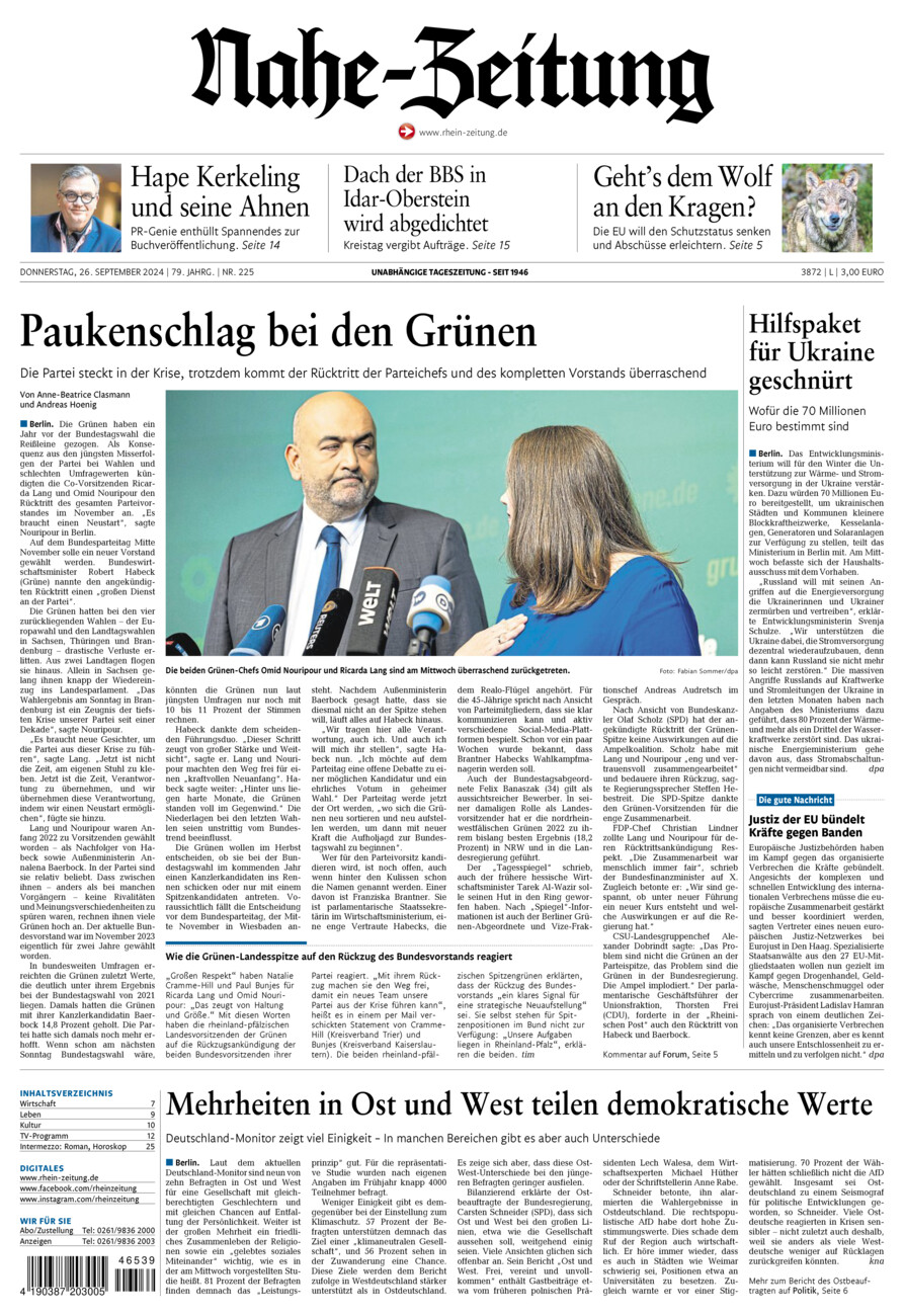 Nahe-Zeitung vom Donnerstag, 26.09.2024