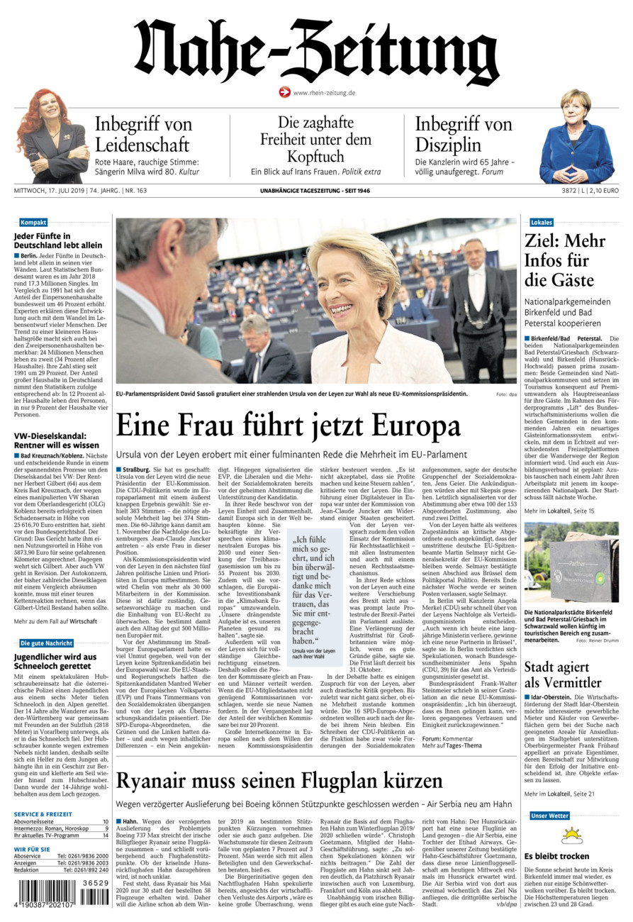 Nahe-Zeitung vom Mittwoch, 17.07.2019