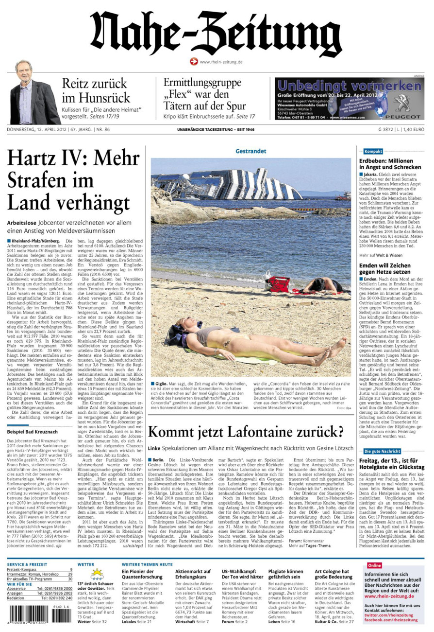Nahe-Zeitung vom Donnerstag, 12.04.2012