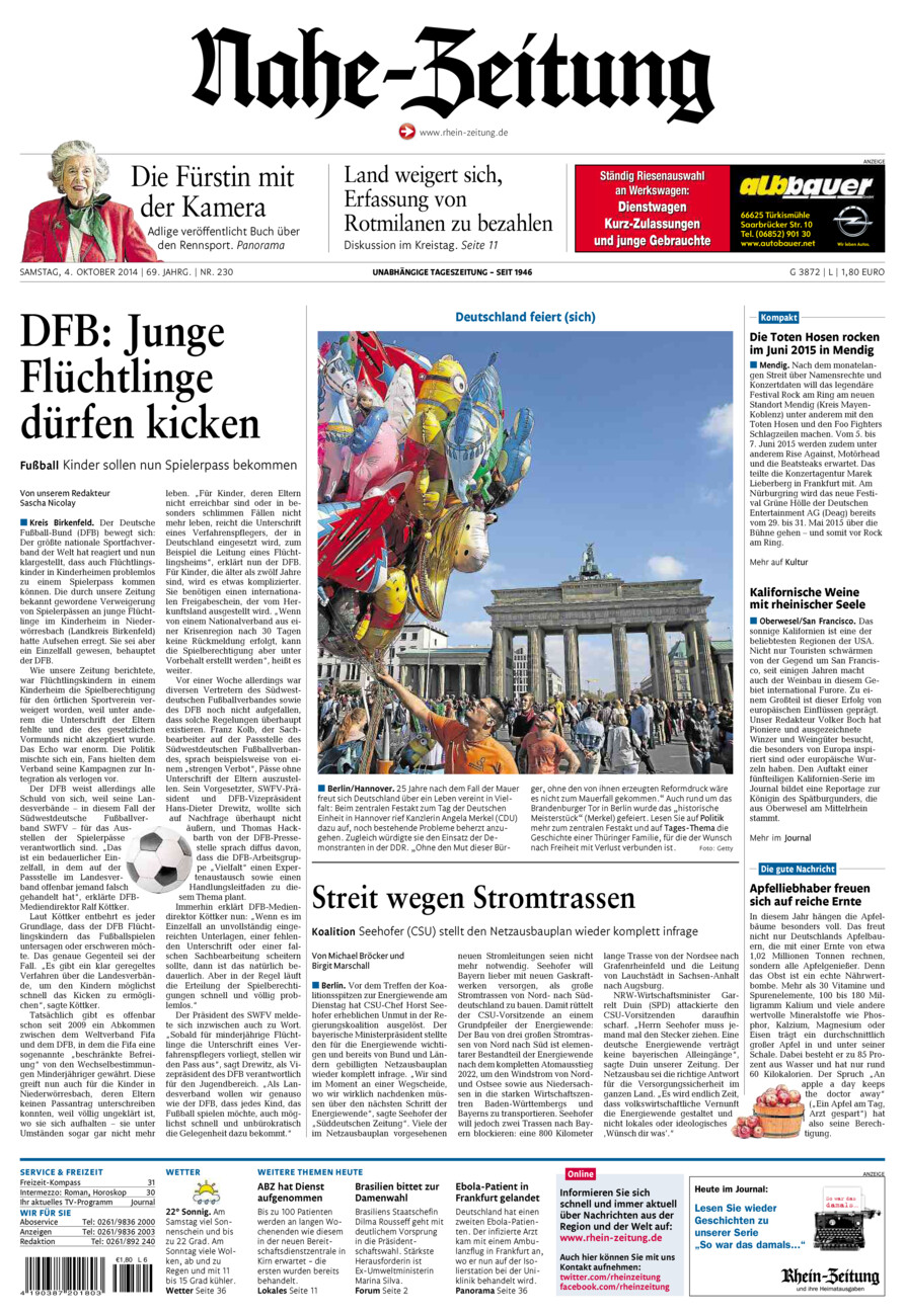 Nahe-Zeitung vom Samstag, 04.10.2014