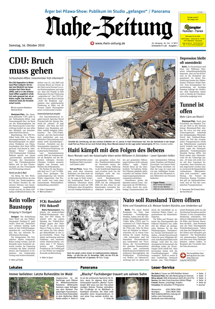 Nahe-Zeitung vom Samstag, 16.10.2010