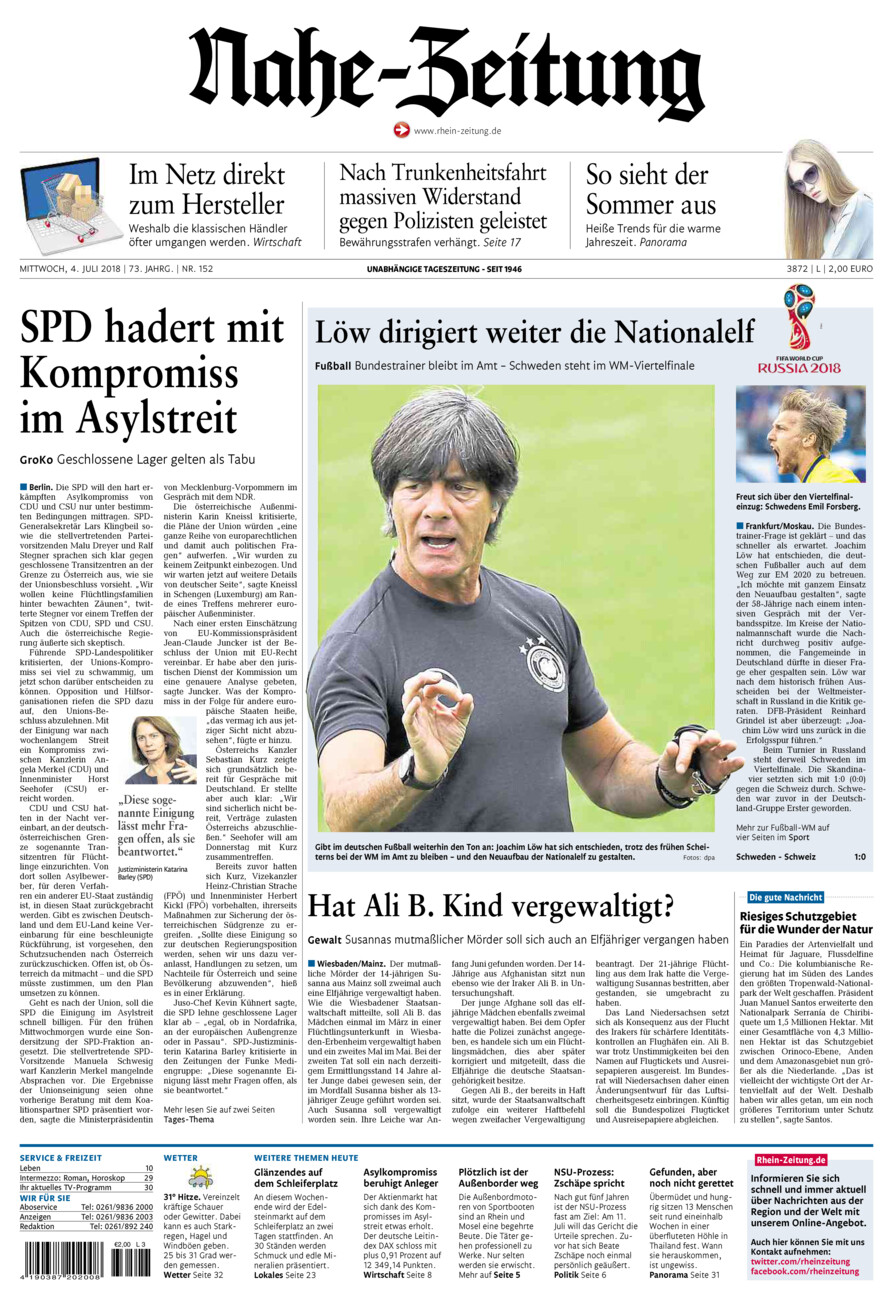 Nahe-Zeitung vom Mittwoch, 04.07.2018