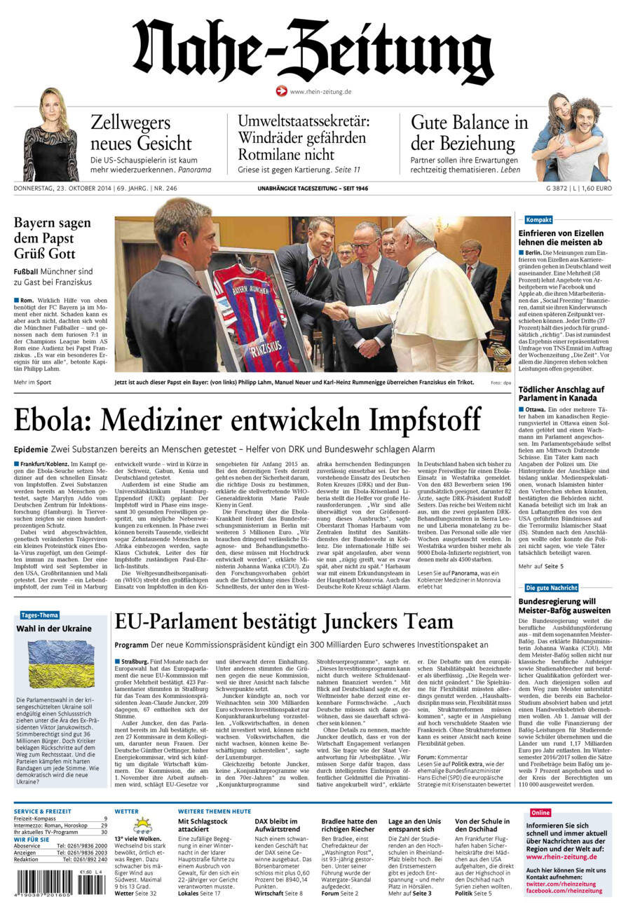 Nahe-Zeitung vom Donnerstag, 23.10.2014