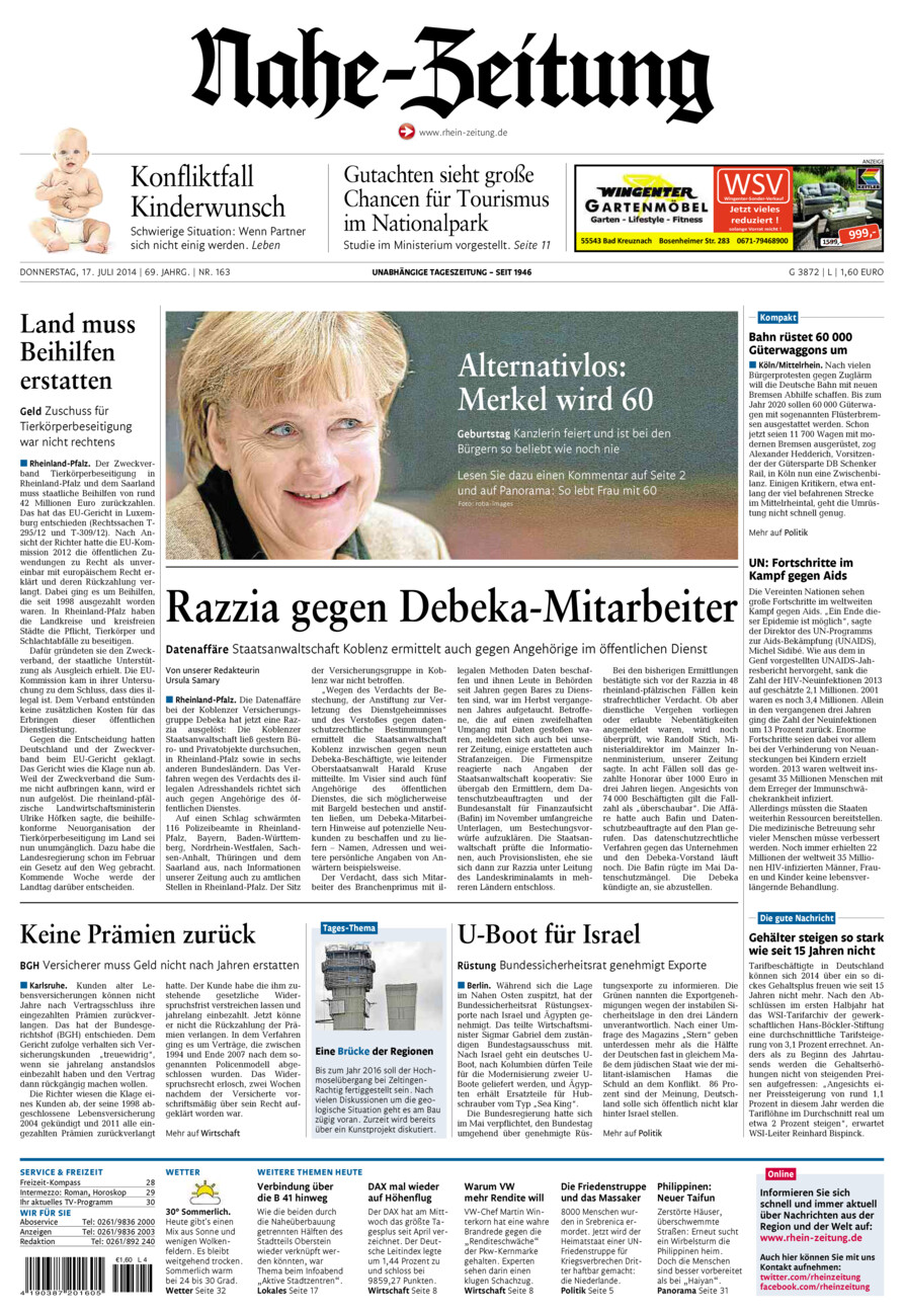 Nahe-Zeitung vom Donnerstag, 17.07.2014