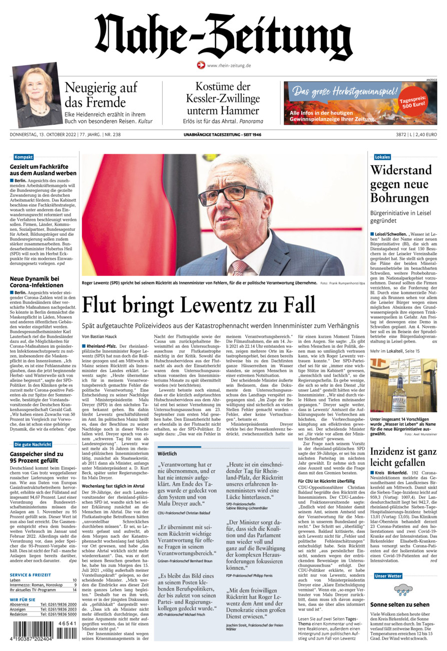 Nahe-Zeitung vom Donnerstag, 13.10.2022
