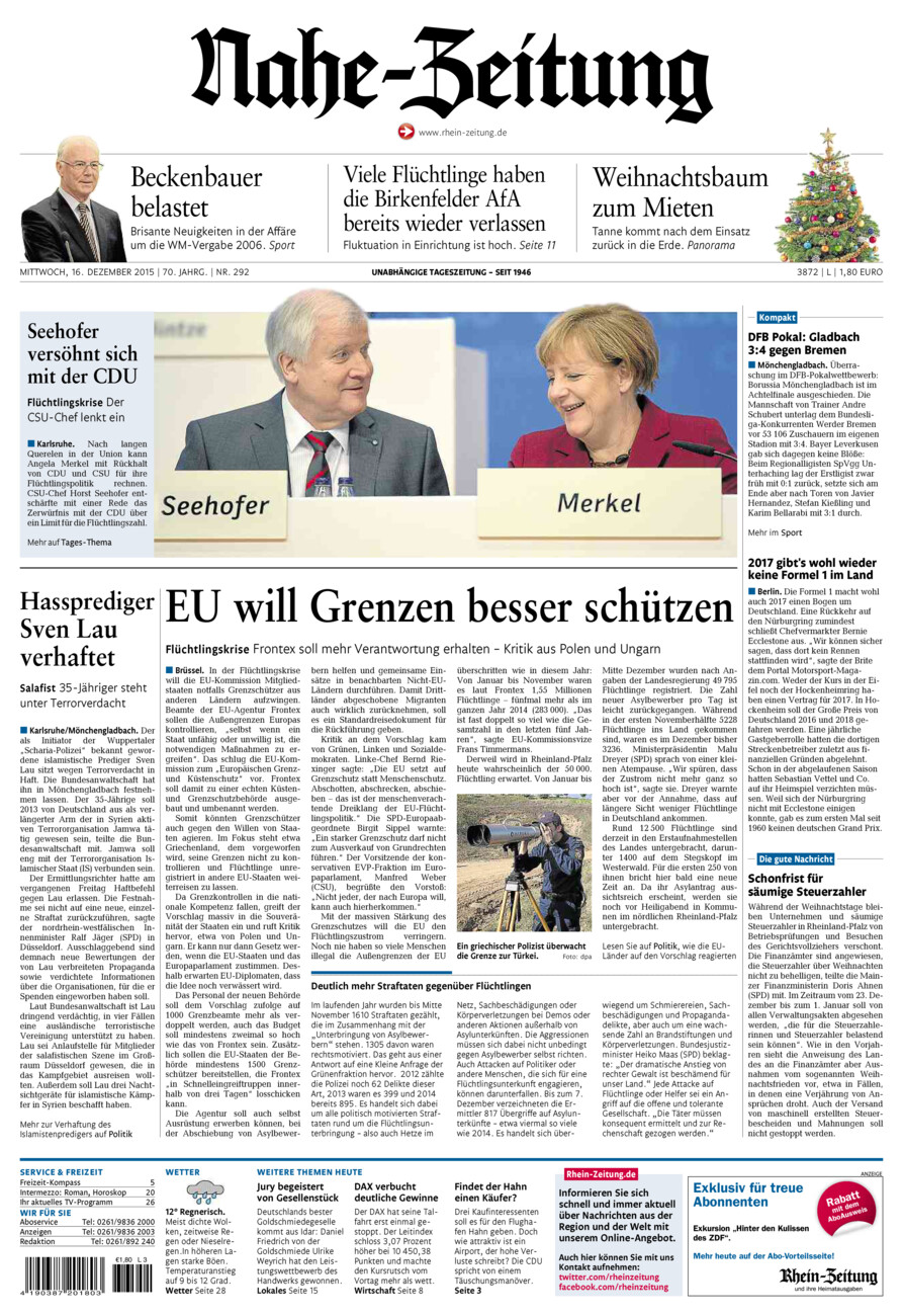 Nahe-Zeitung vom Mittwoch, 16.12.2015