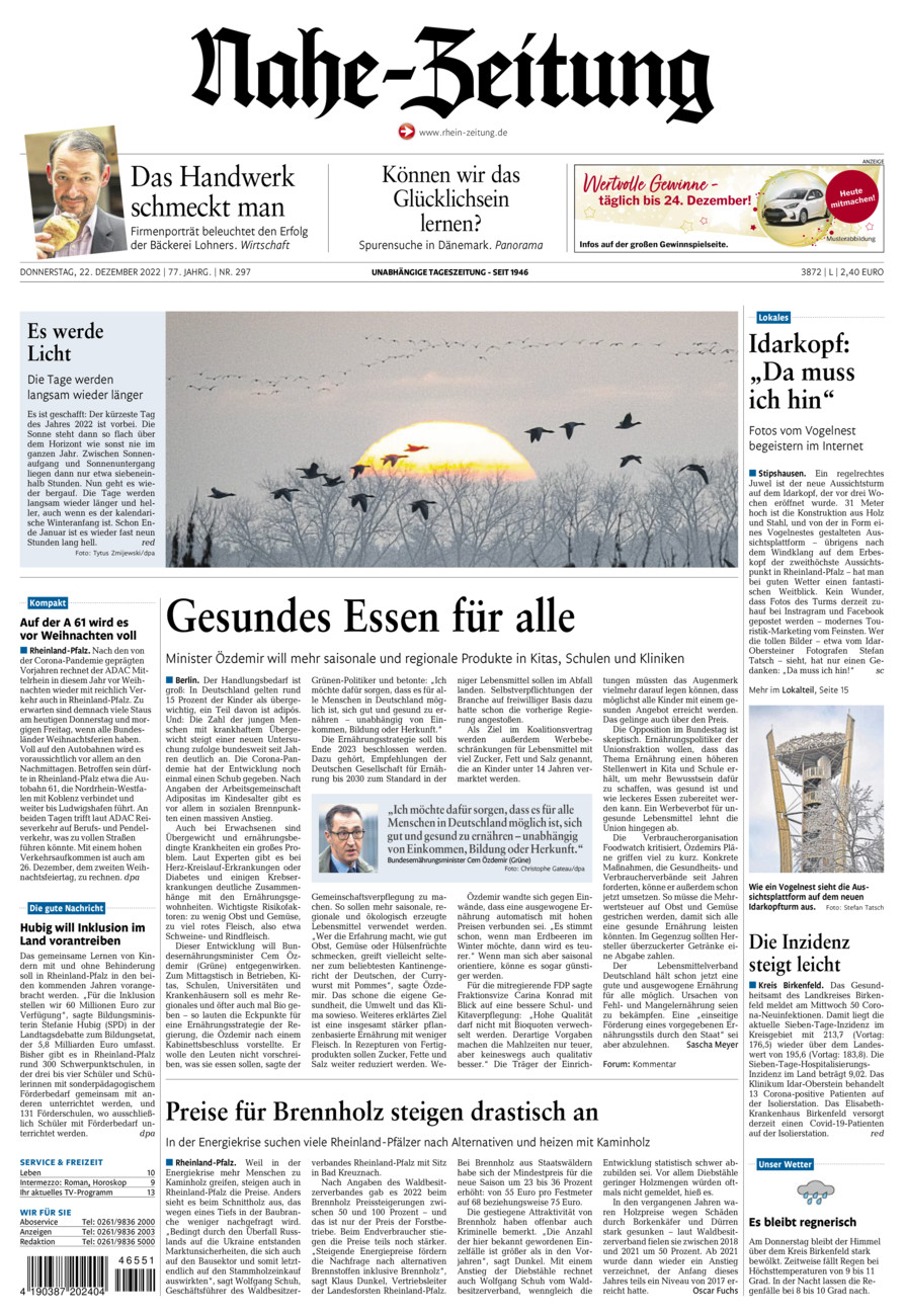 Nahe-Zeitung vom Donnerstag, 22.12.2022