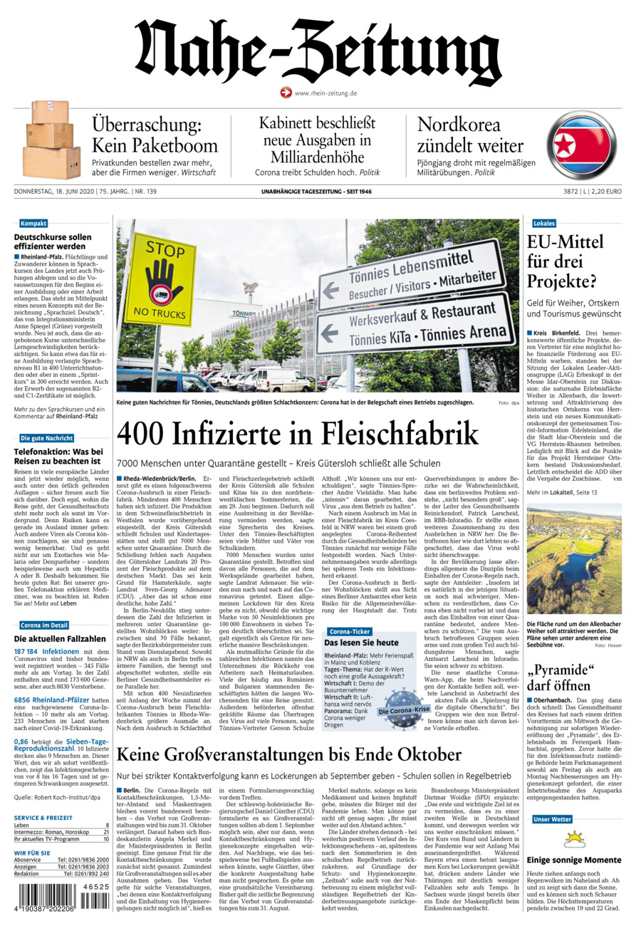 Nahe-Zeitung vom Donnerstag, 18.06.2020