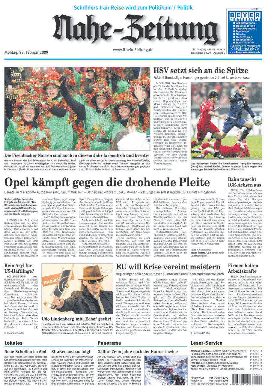 Nahe-Zeitung vom Montag, 23.02.2009