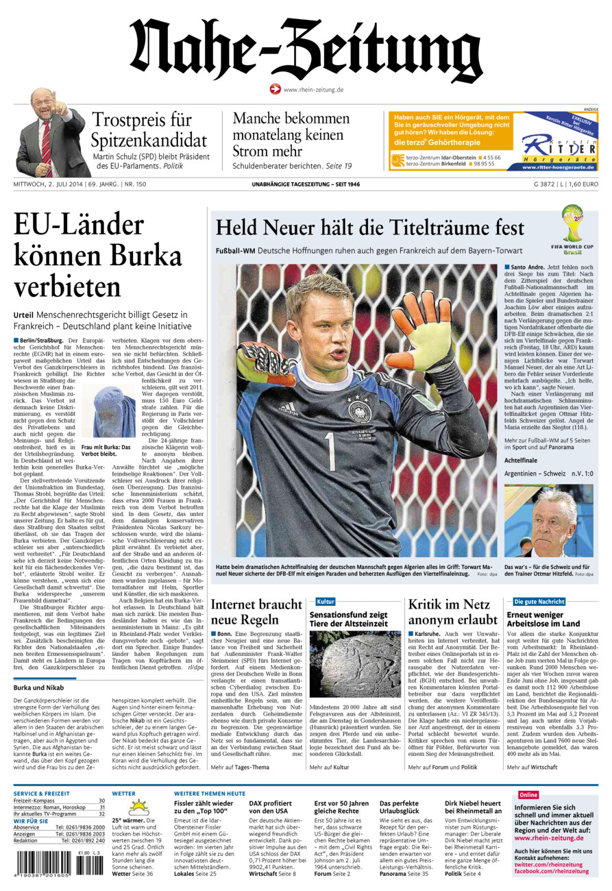 Nahe-Zeitung vom Mittwoch, 02.07.2014