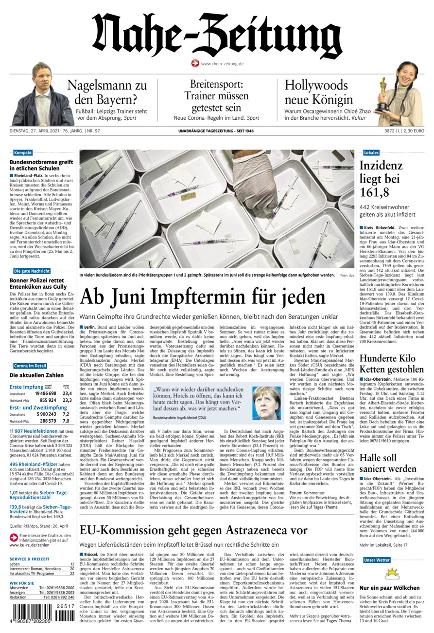 Nahe-Zeitung vom Dienstag, 27.04.2021