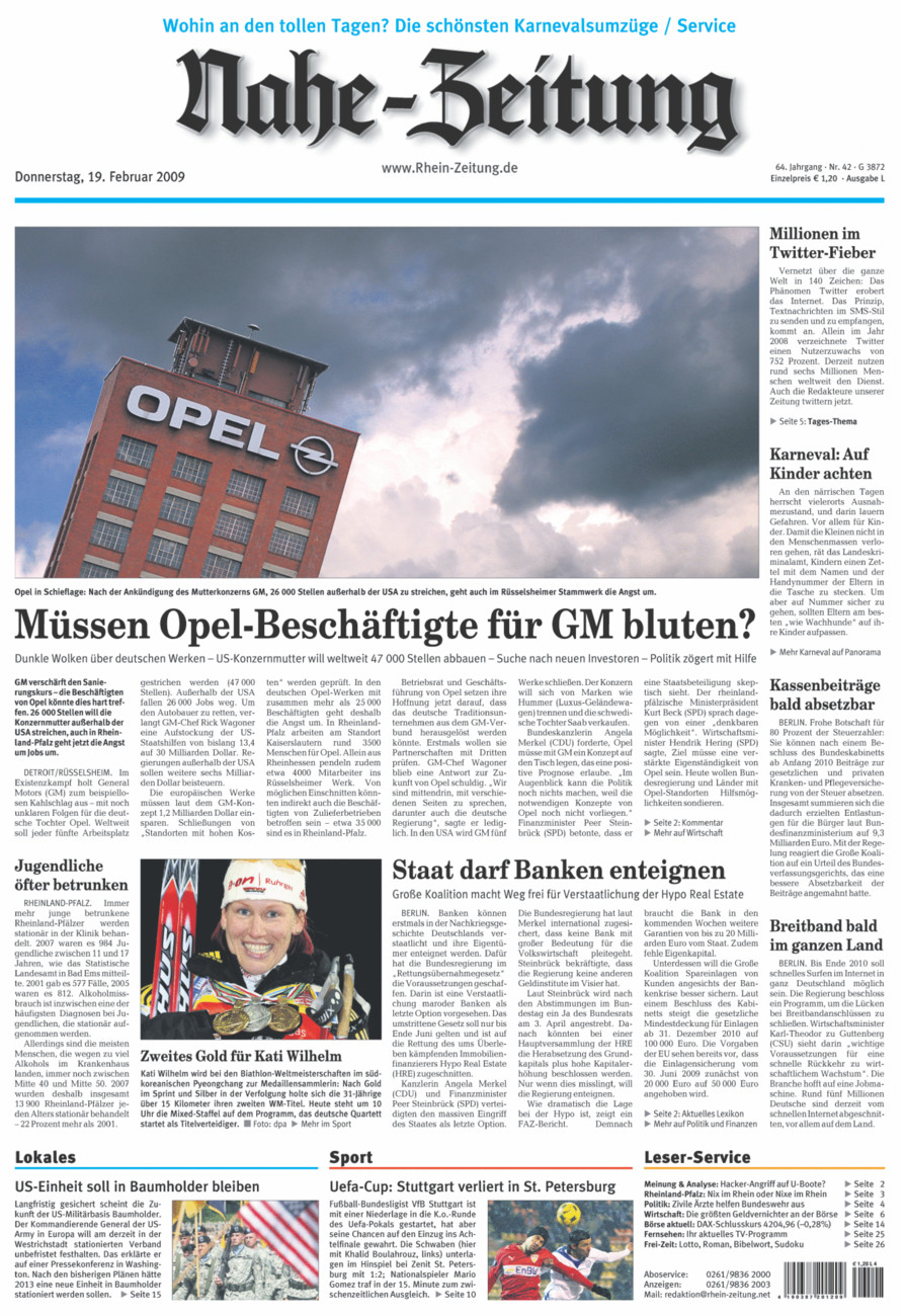 Nahe-Zeitung vom Donnerstag, 19.02.2009