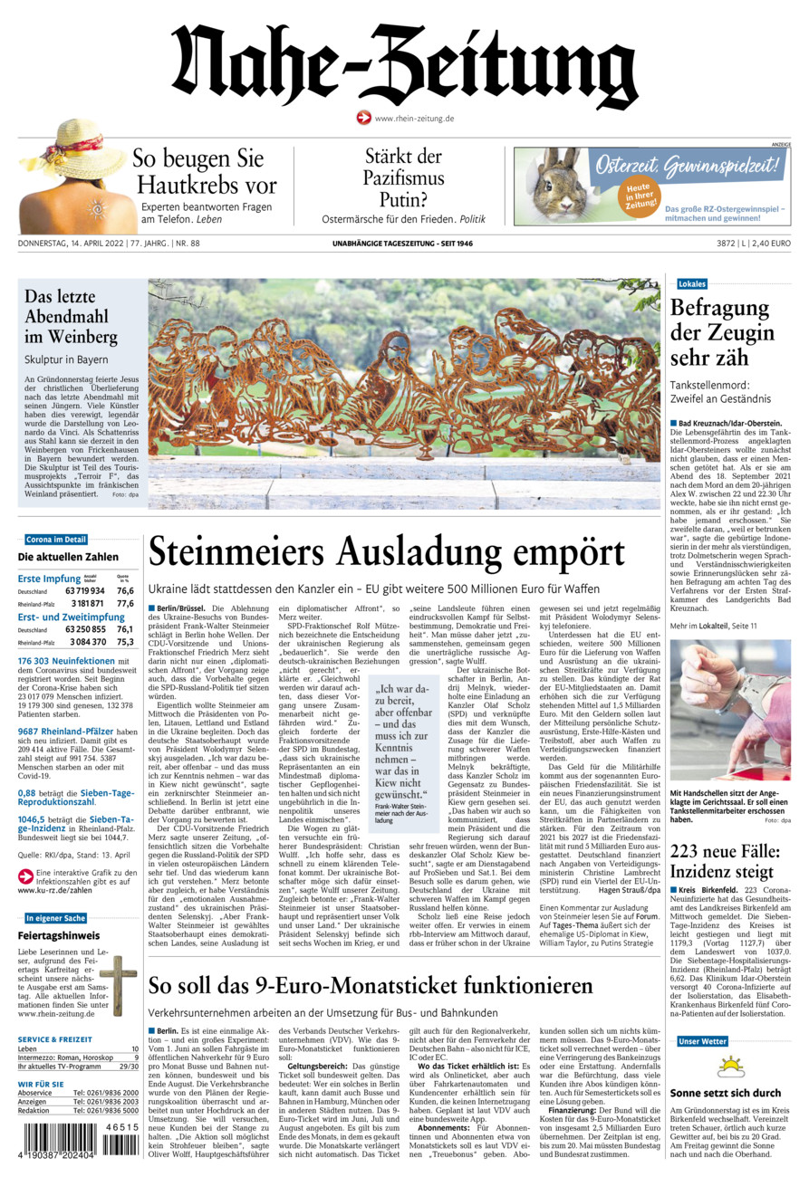 Nahe-Zeitung vom Donnerstag, 14.04.2022