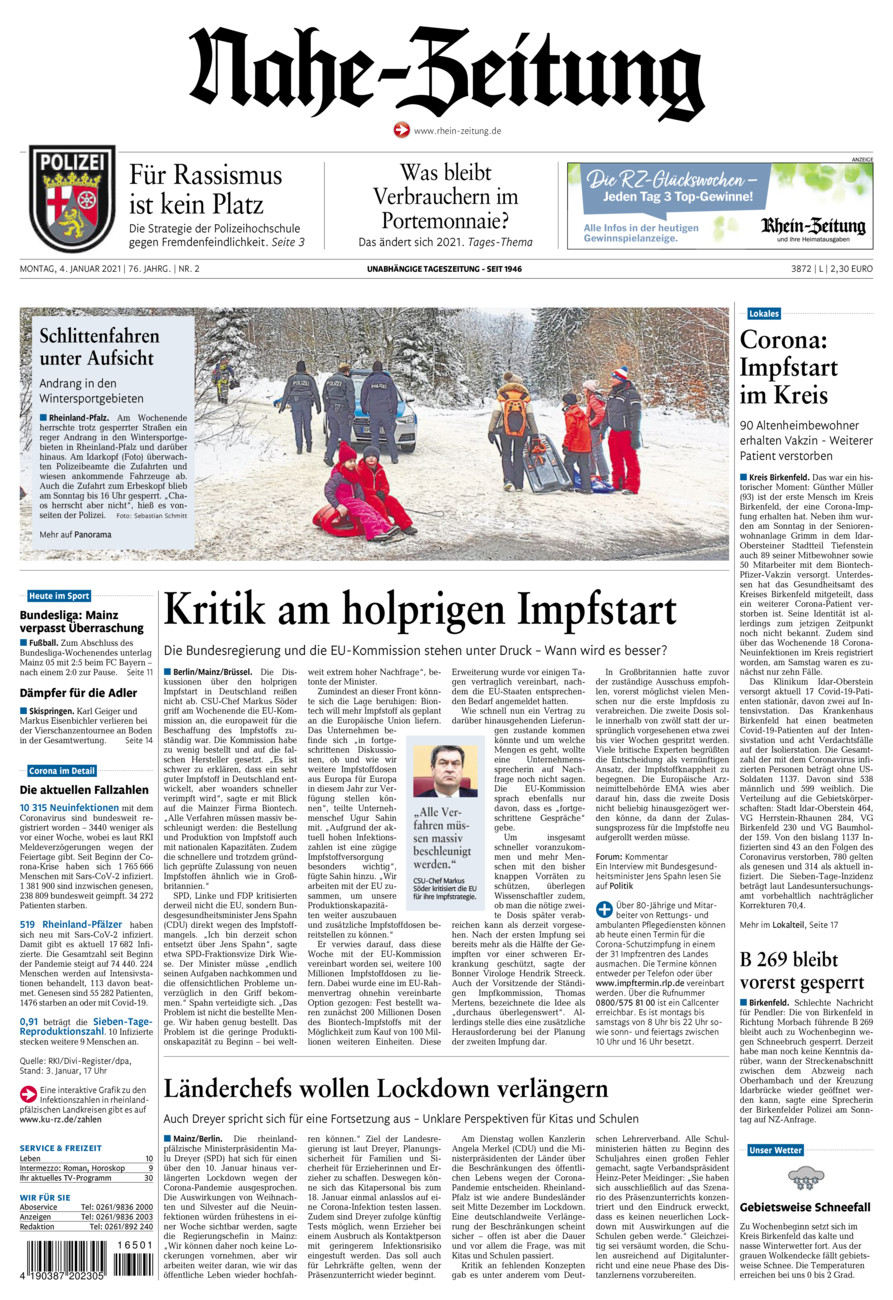 Nahe-Zeitung vom Montag, 04.01.2021