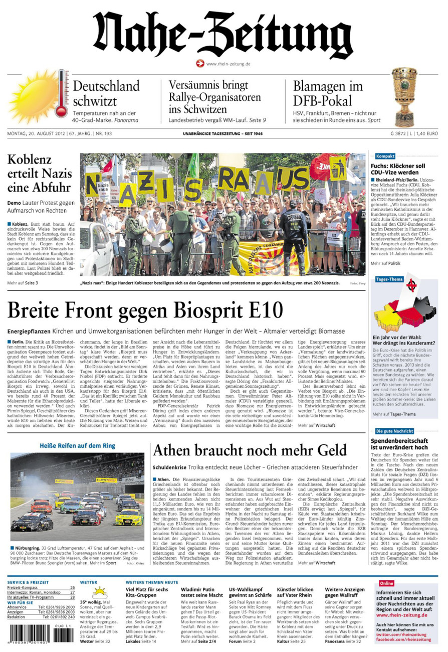 Nahe-Zeitung vom Montag, 20.08.2012