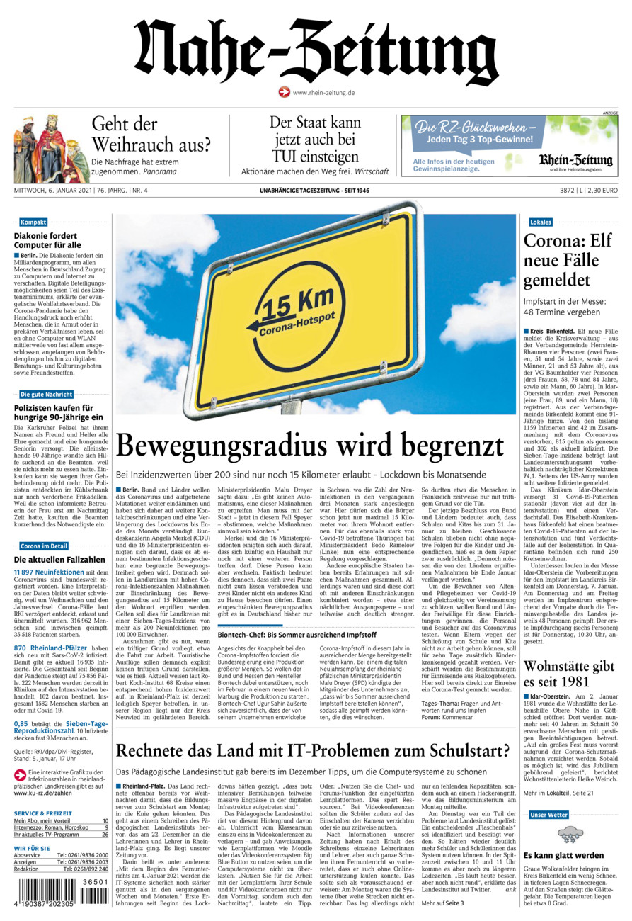Nahe-Zeitung vom Mittwoch, 06.01.2021