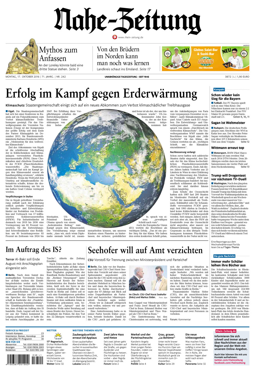 Nahe-Zeitung vom Montag, 17.10.2016