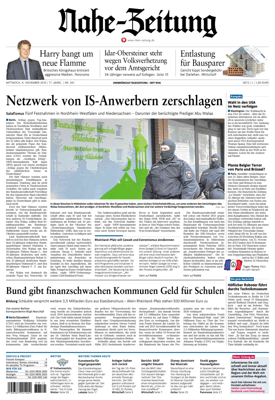 Nahe-Zeitung vom Mittwoch, 09.11.2016