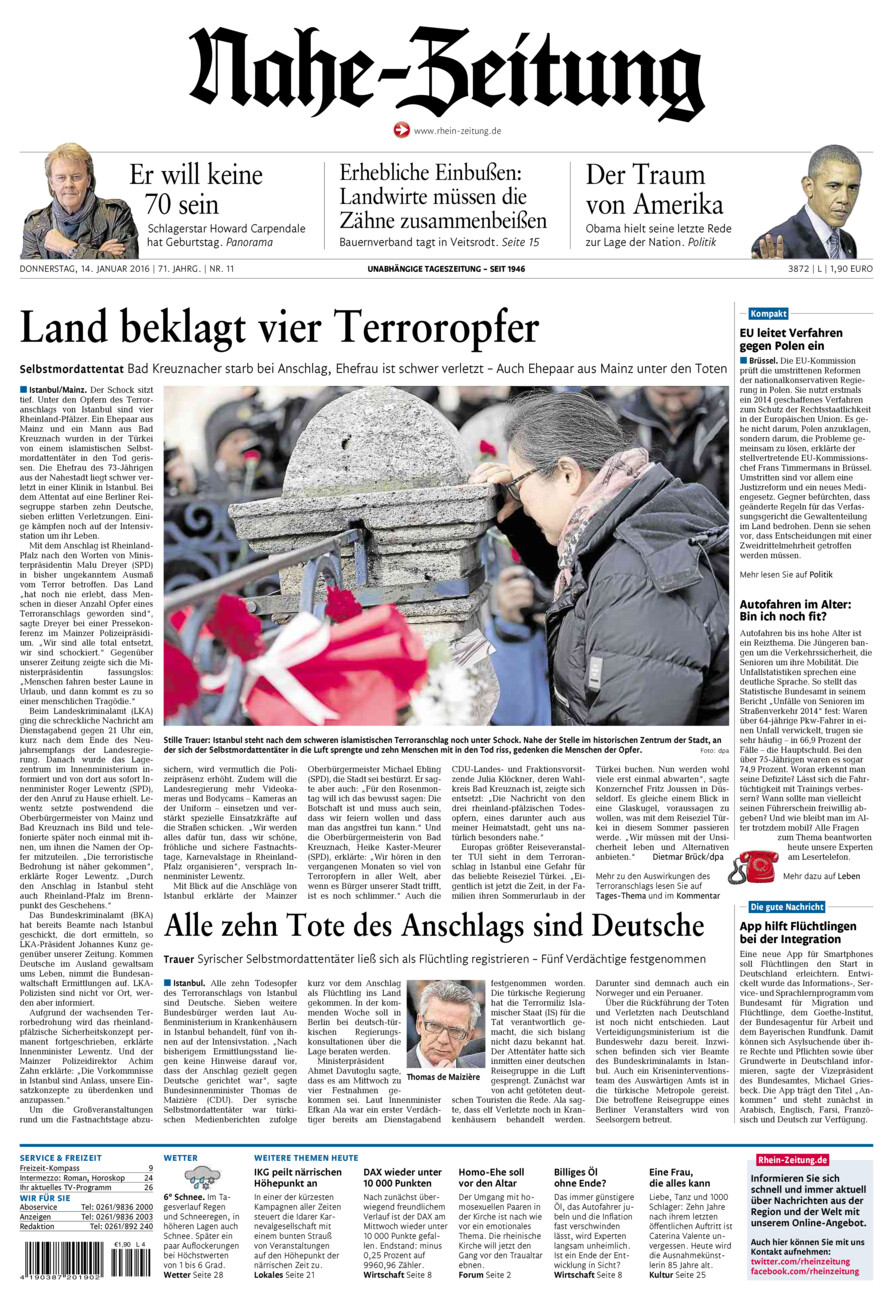 Nahe-Zeitung vom Donnerstag, 14.01.2016