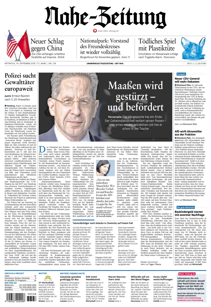 Nahe-Zeitung vom Mittwoch, 19.09.2018