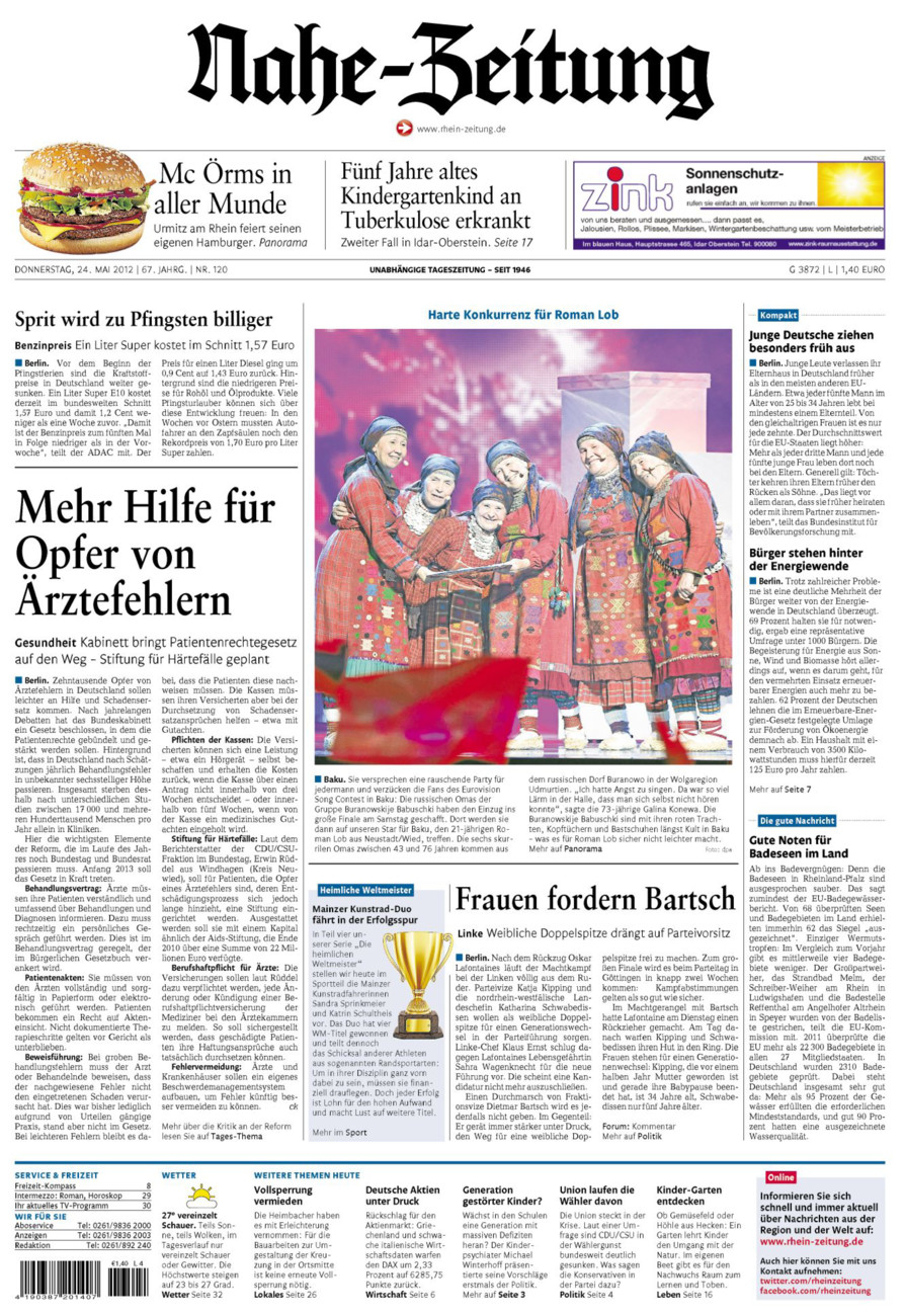 Nahe-Zeitung vom Donnerstag, 24.05.2012