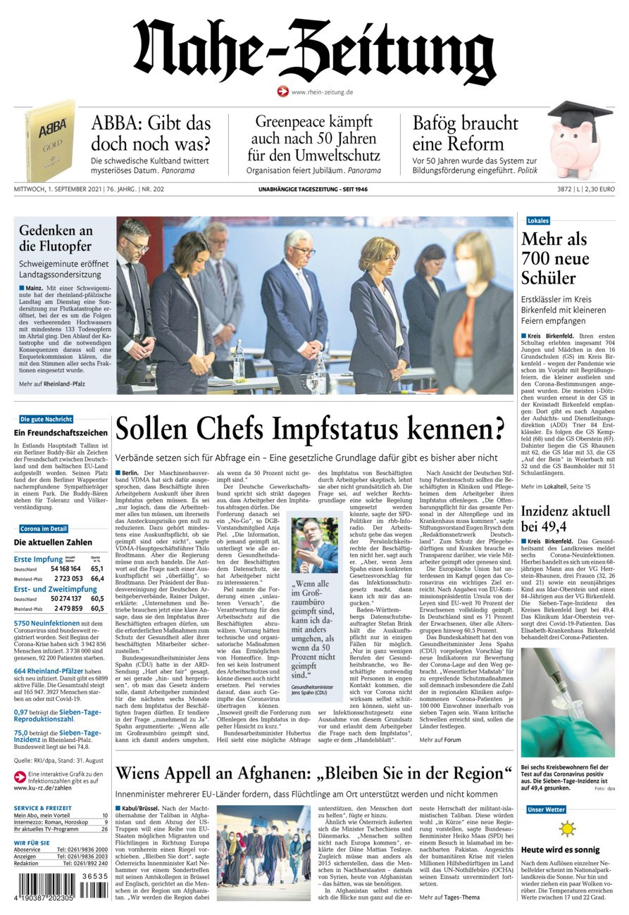 Nahe-Zeitung vom Mittwoch, 01.09.2021