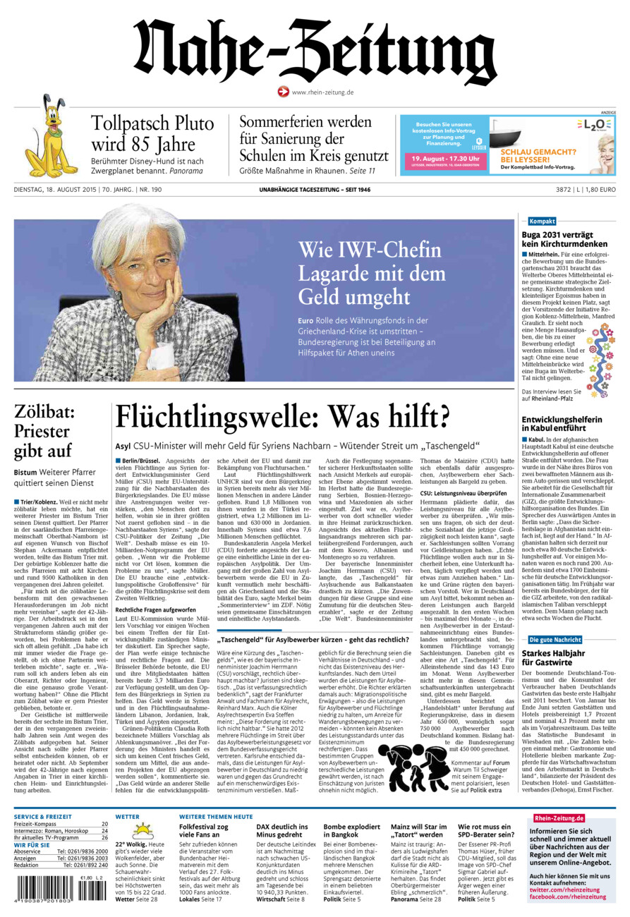 Nahe-Zeitung vom Dienstag, 18.08.2015