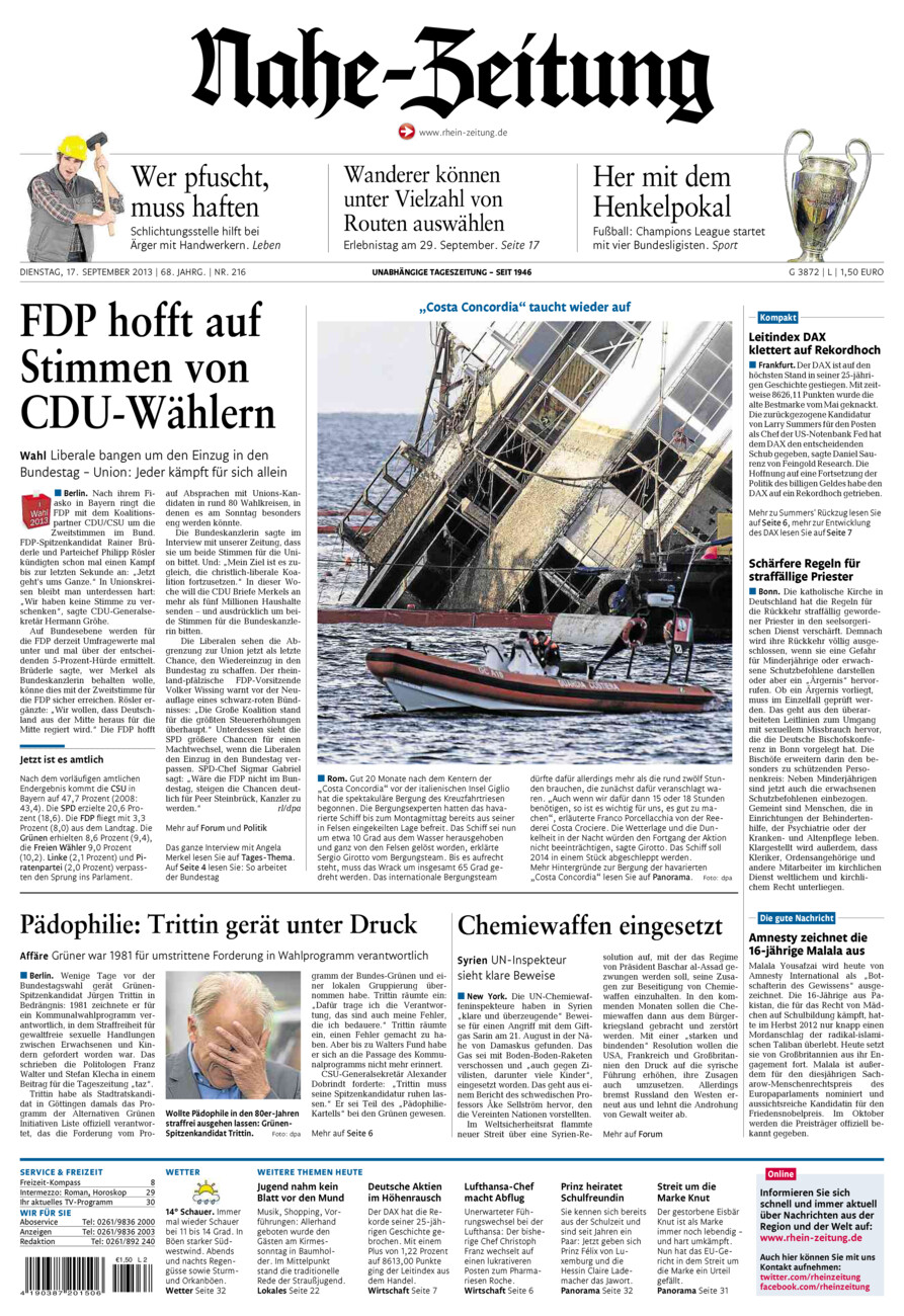 Nahe-Zeitung vom Dienstag, 17.09.2013
