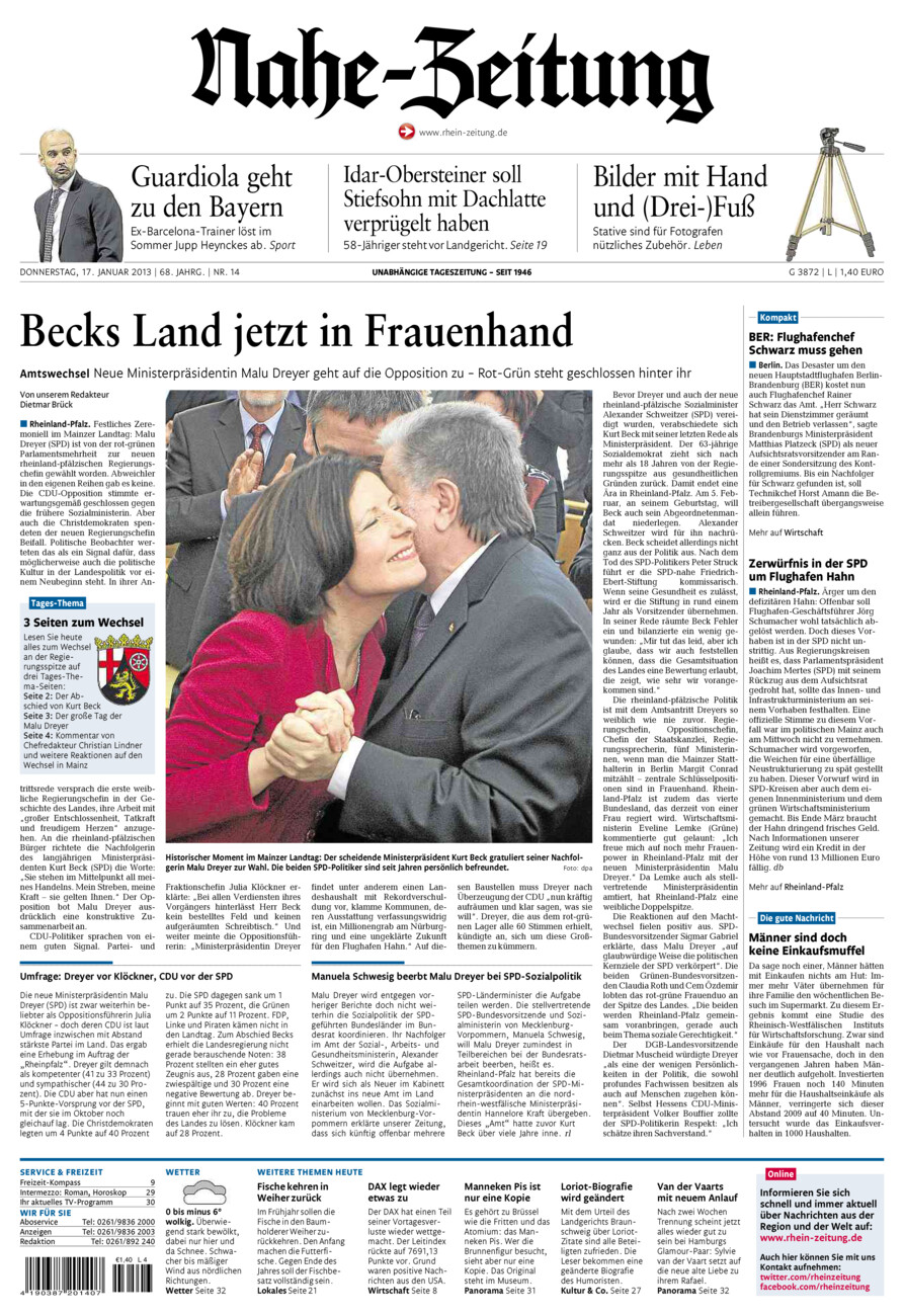 Nahe-Zeitung vom Donnerstag, 17.01.2013