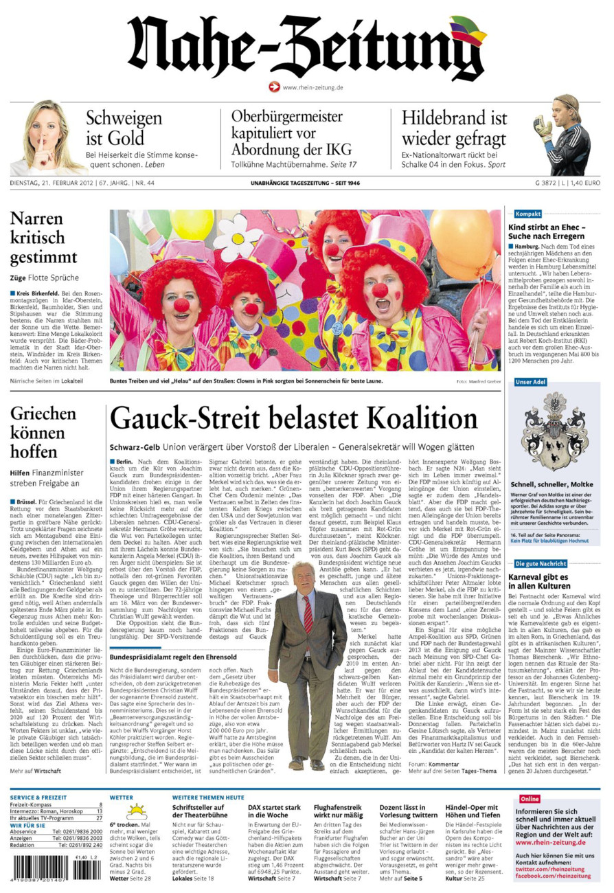 Nahe-Zeitung vom Dienstag, 21.02.2012