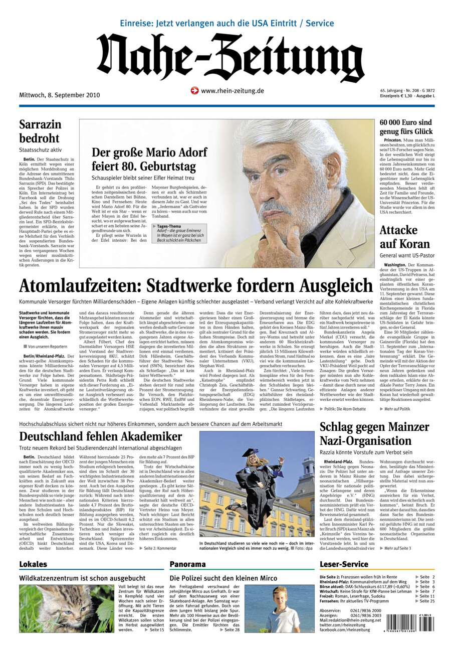 Nahe-Zeitung vom Mittwoch, 08.09.2010
