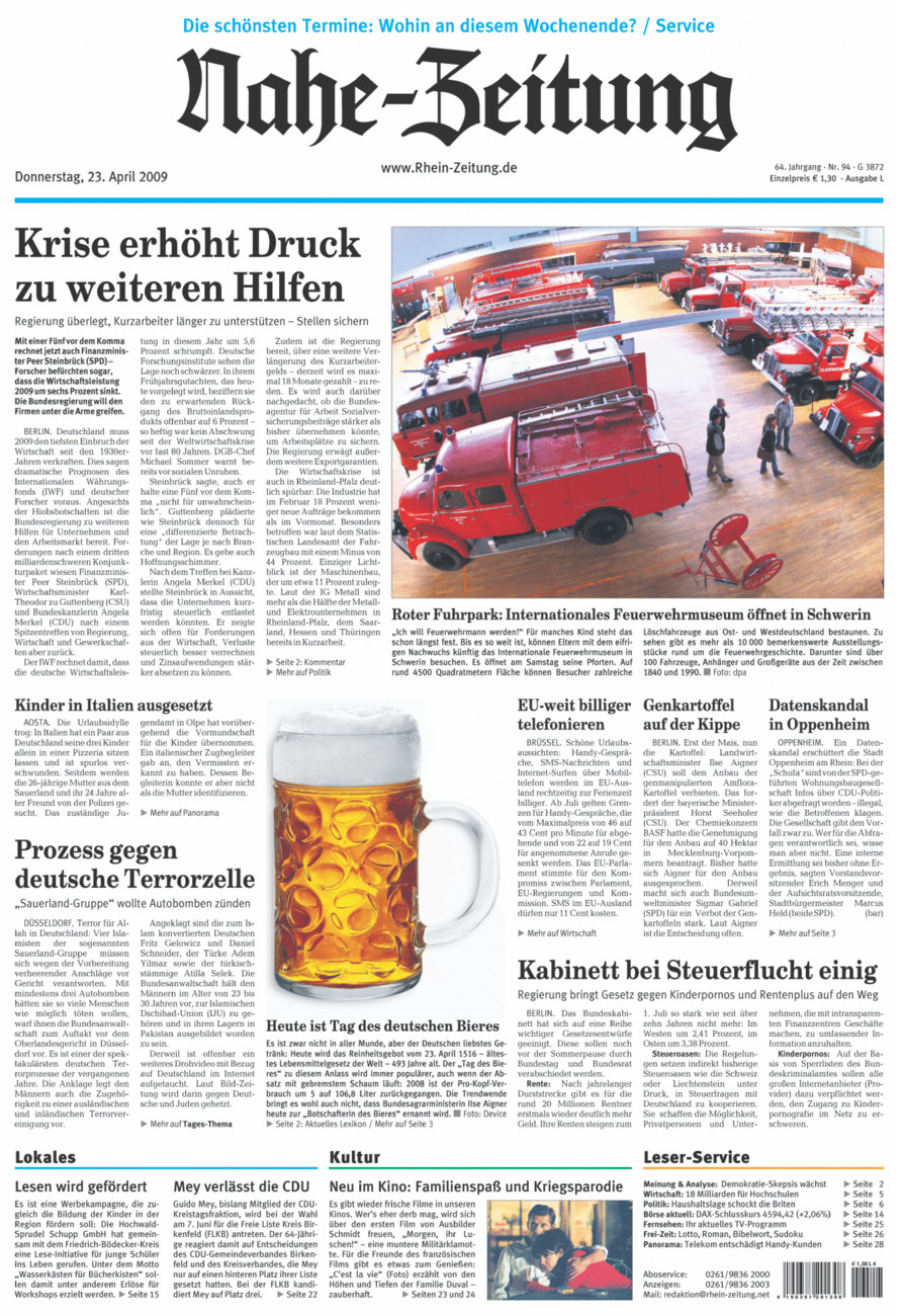Nahe-Zeitung vom Donnerstag, 23.04.2009