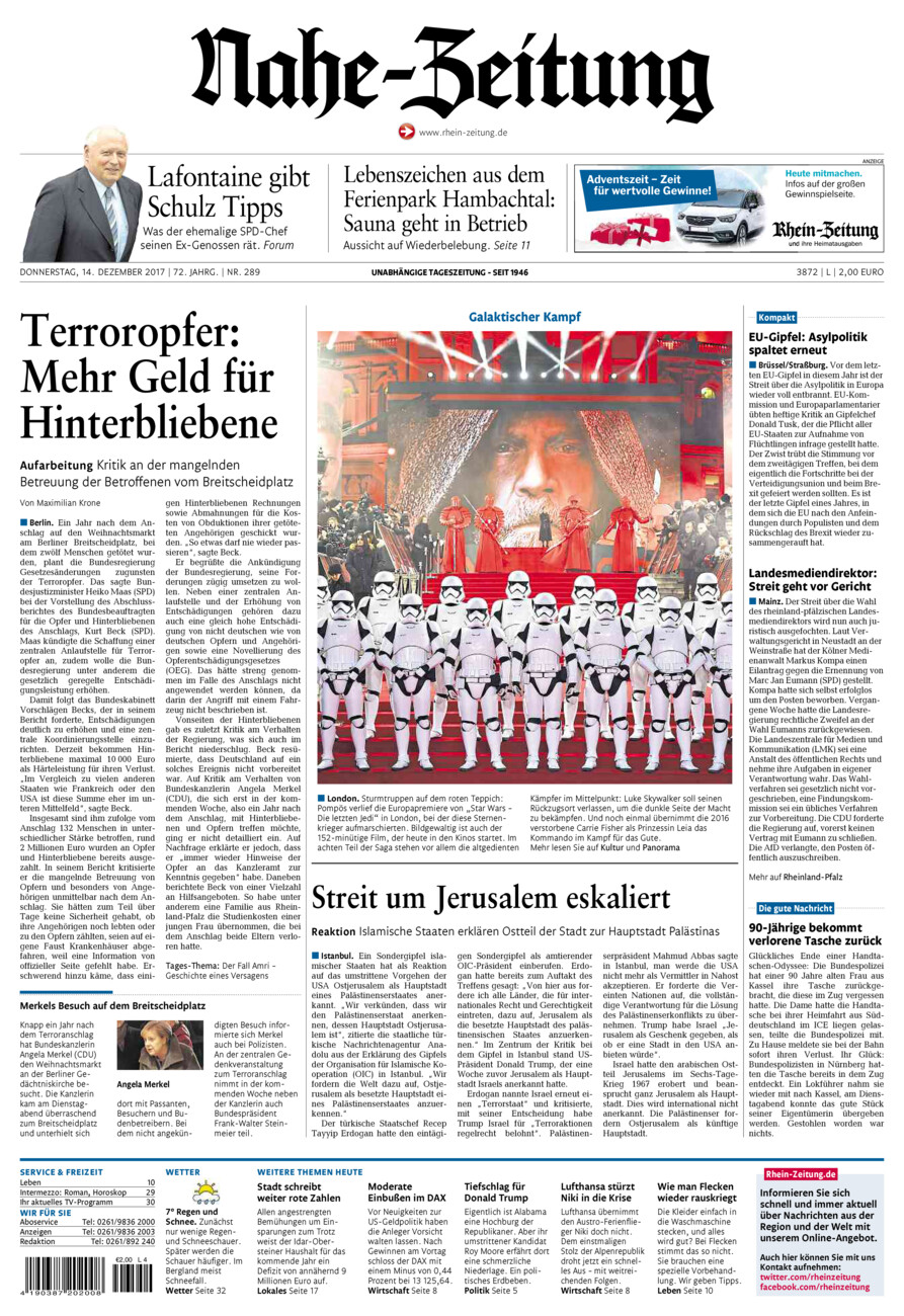 Nahe-Zeitung vom Donnerstag, 14.12.2017