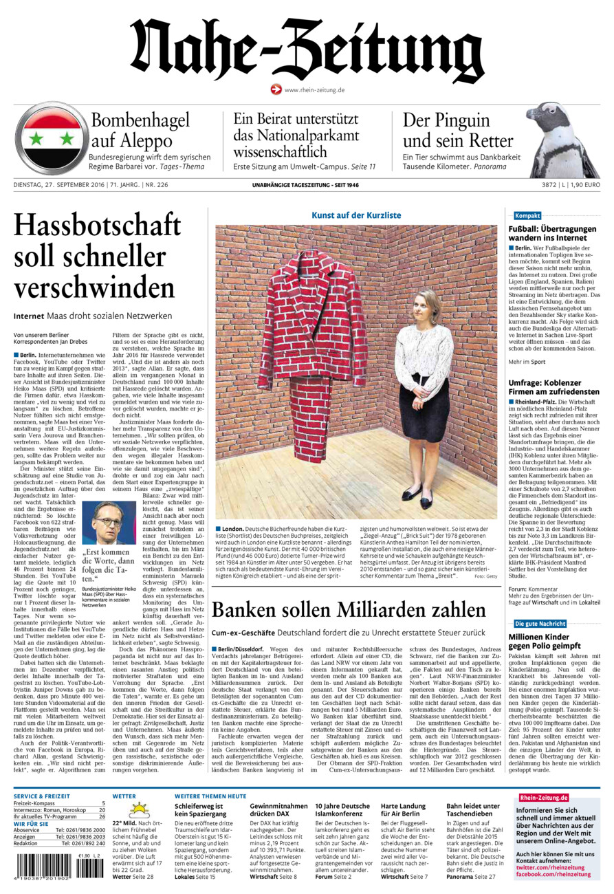 Nahe-Zeitung vom Dienstag, 27.09.2016