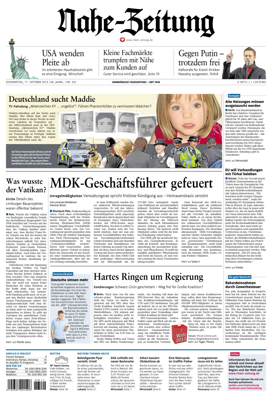 Nahe-Zeitung vom Donnerstag, 17.10.2013