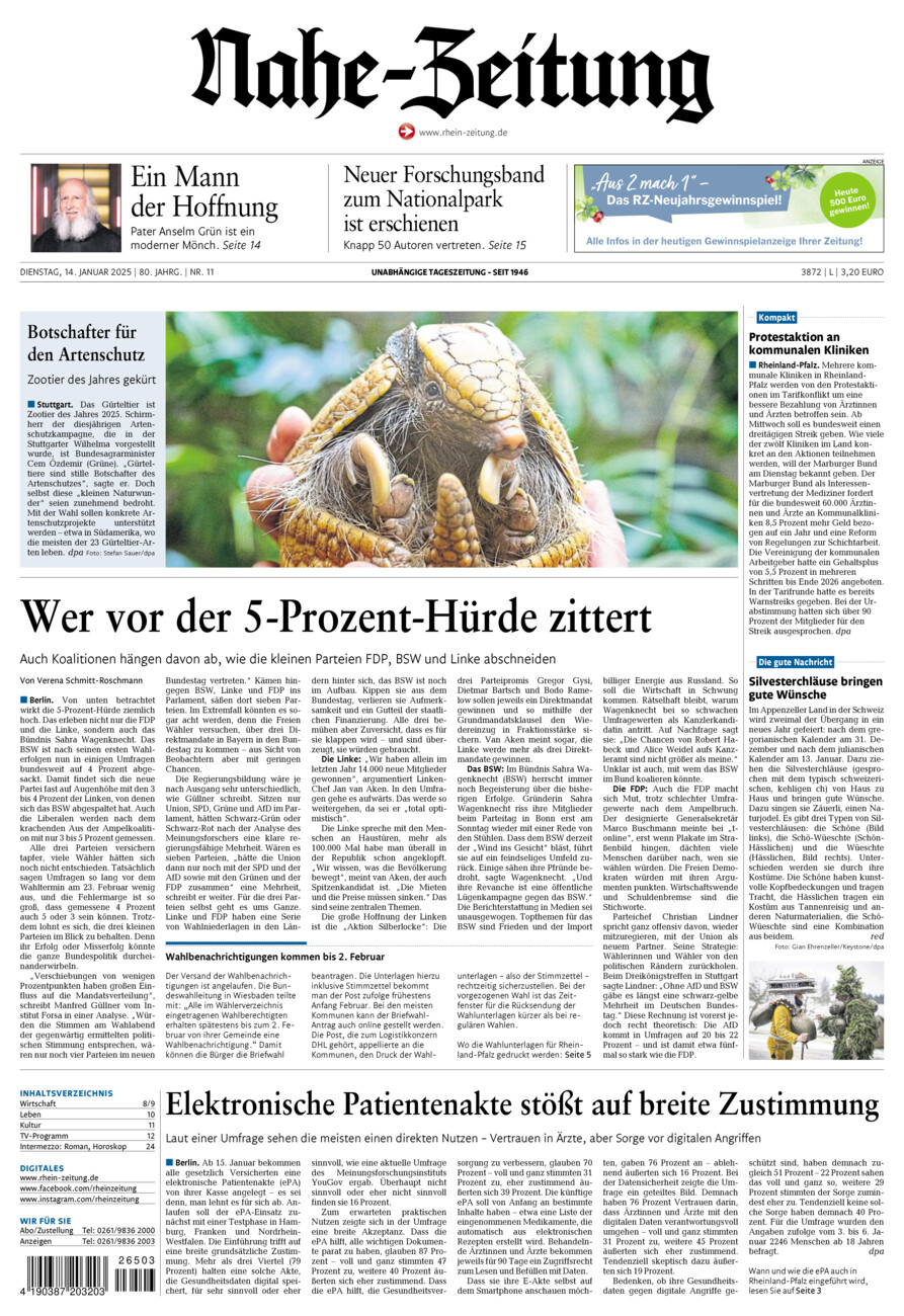 Nahe-Zeitung vom Dienstag, 14.01.2025