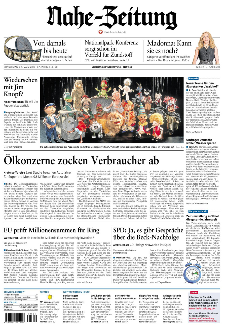Nahe-Zeitung vom Donnerstag, 22.03.2012