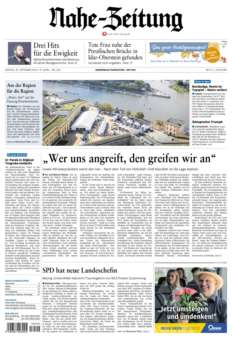 Nahe-Zeitung vom Montag, 30.09.2024