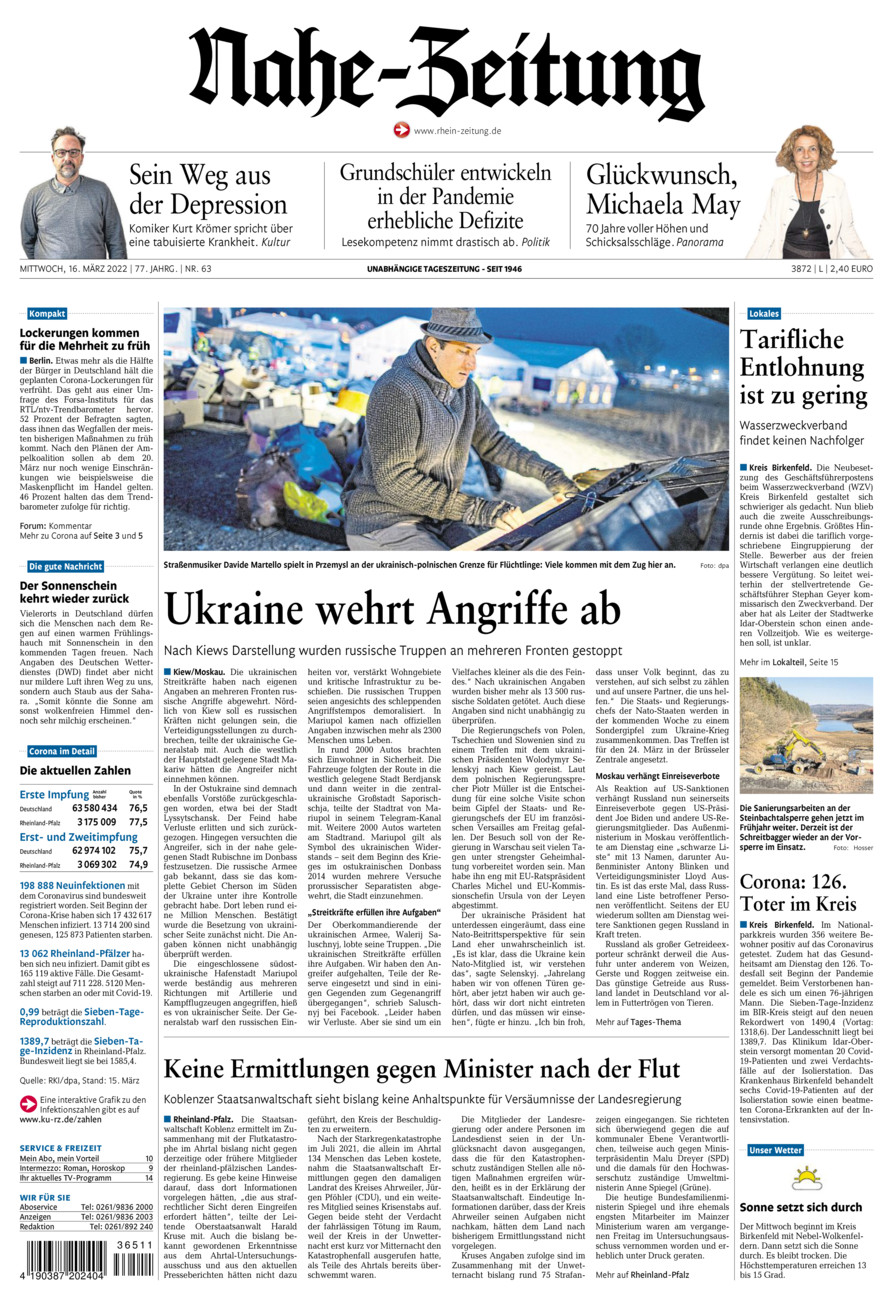Nahe-Zeitung vom Mittwoch, 16.03.2022