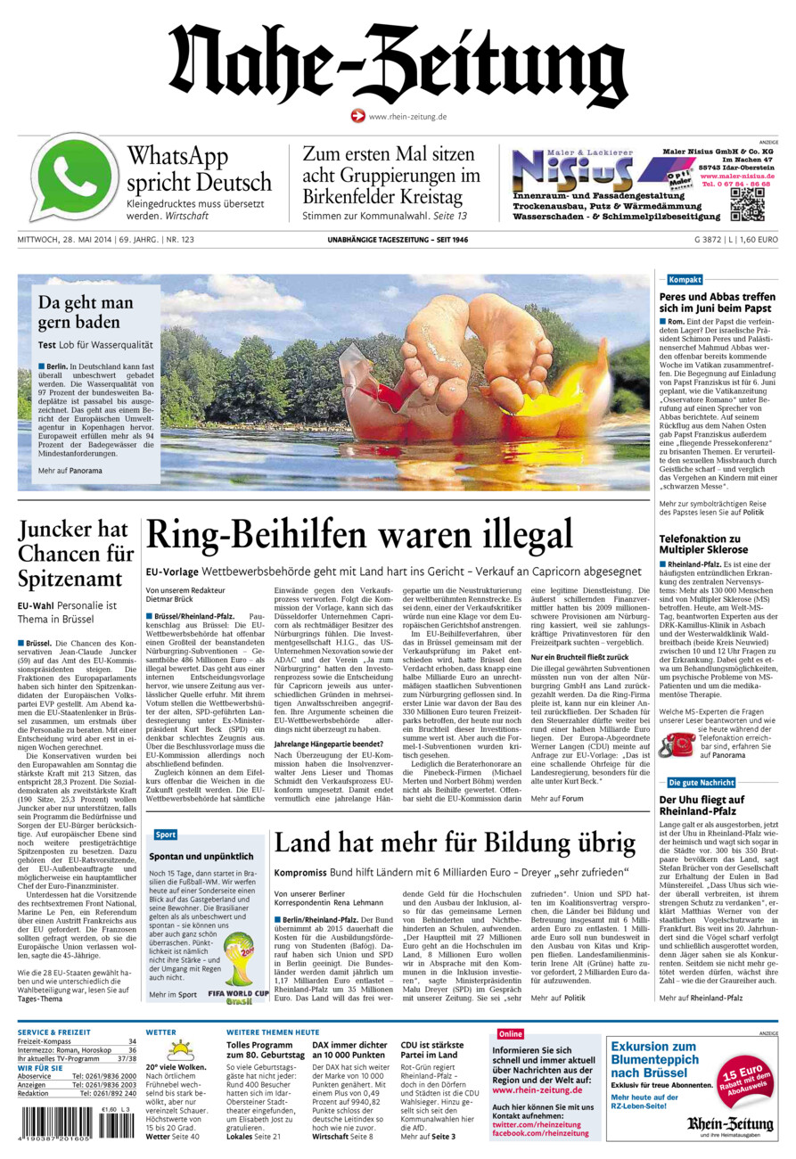 Nahe-Zeitung vom Mittwoch, 28.05.2014