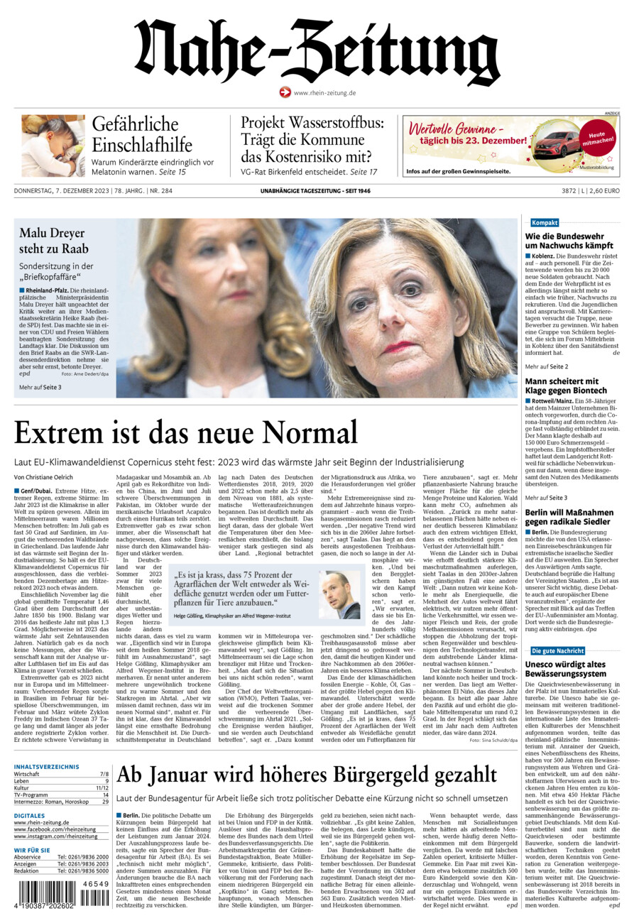 Nahe-Zeitung vom Donnerstag, 07.12.2023