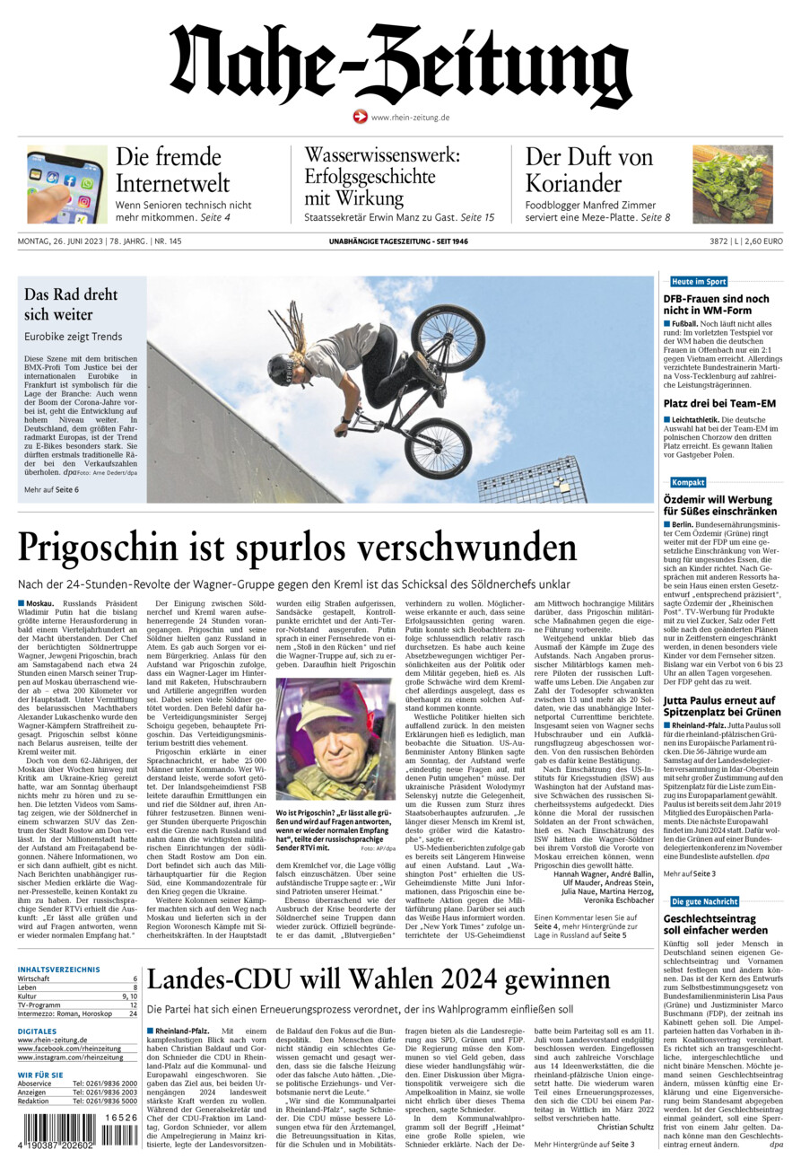 Nahe-Zeitung vom Montag, 26.06.2023