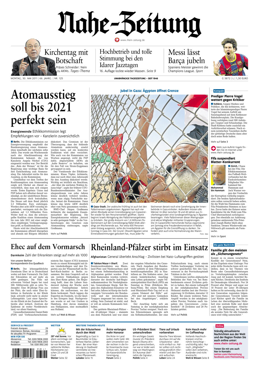 Nahe-Zeitung vom Montag, 30.05.2011