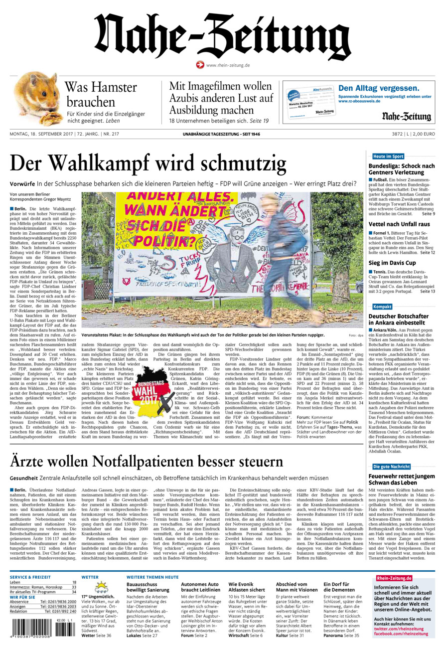 Nahe-Zeitung vom Montag, 18.09.2017