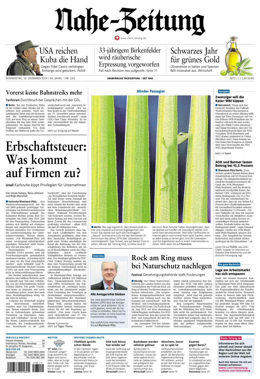 Nahe-Zeitung vom Donnerstag, 18.12.2014