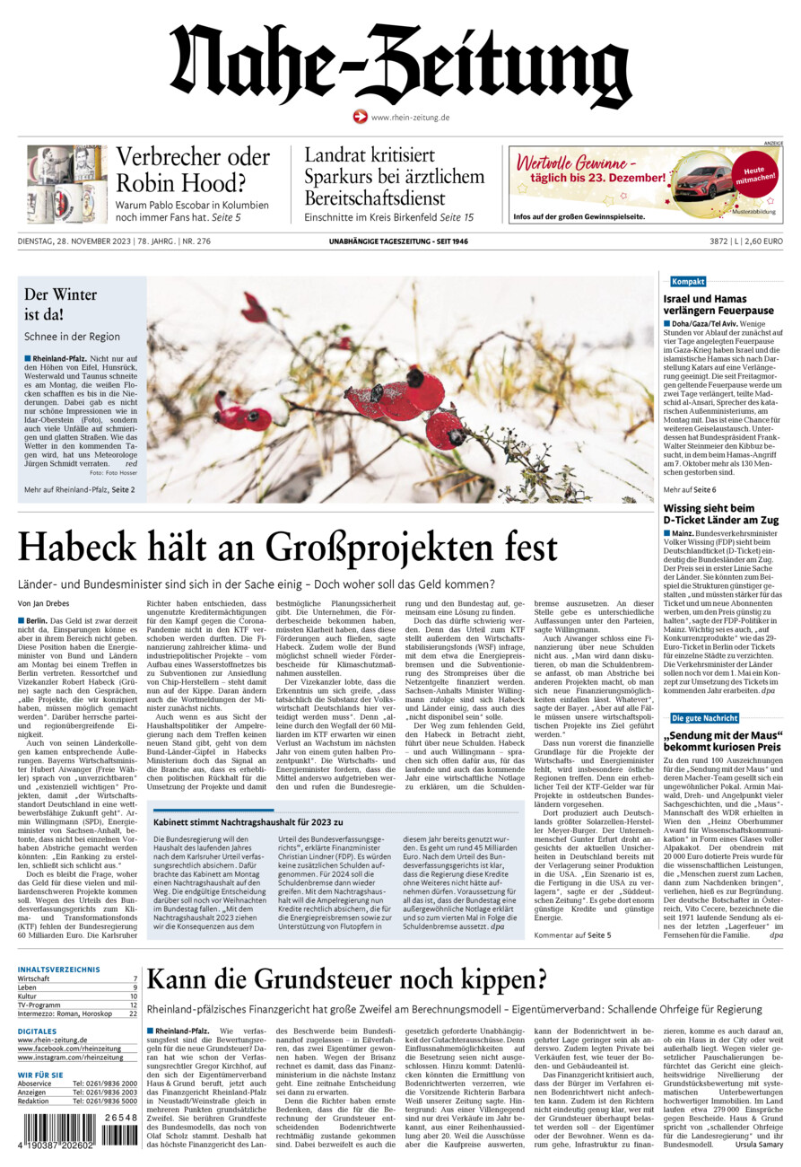 Nahe-Zeitung vom Dienstag, 28.11.2023