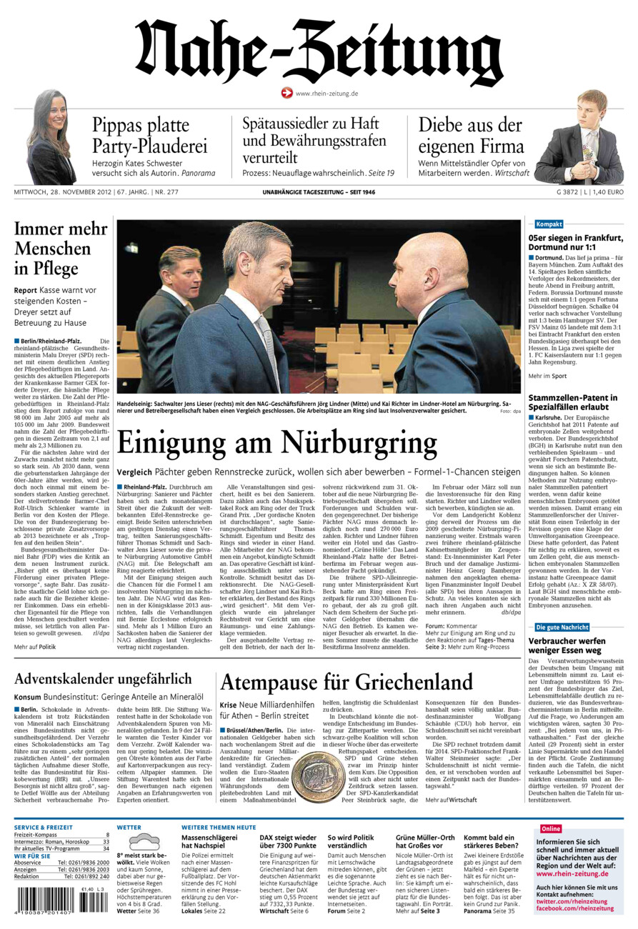 Nahe-Zeitung vom Mittwoch, 28.11.2012