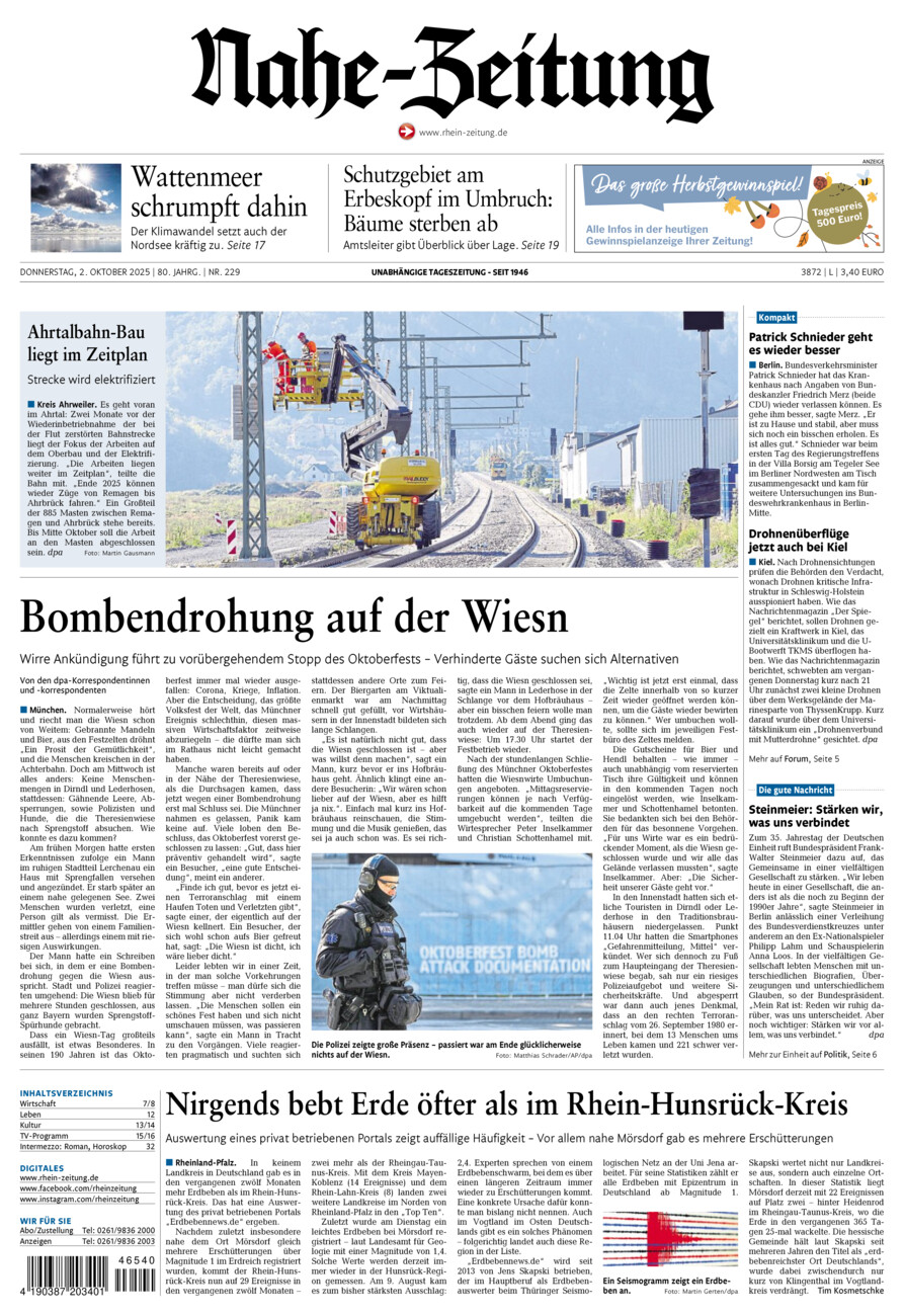 Nahe-Zeitung vom Donnerstag, 02.10.2025