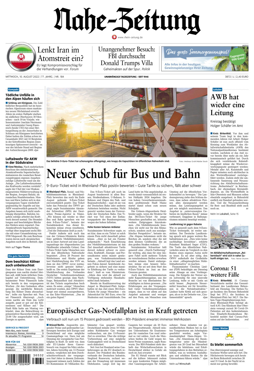 Nahe-Zeitung vom Mittwoch, 10.08.2022